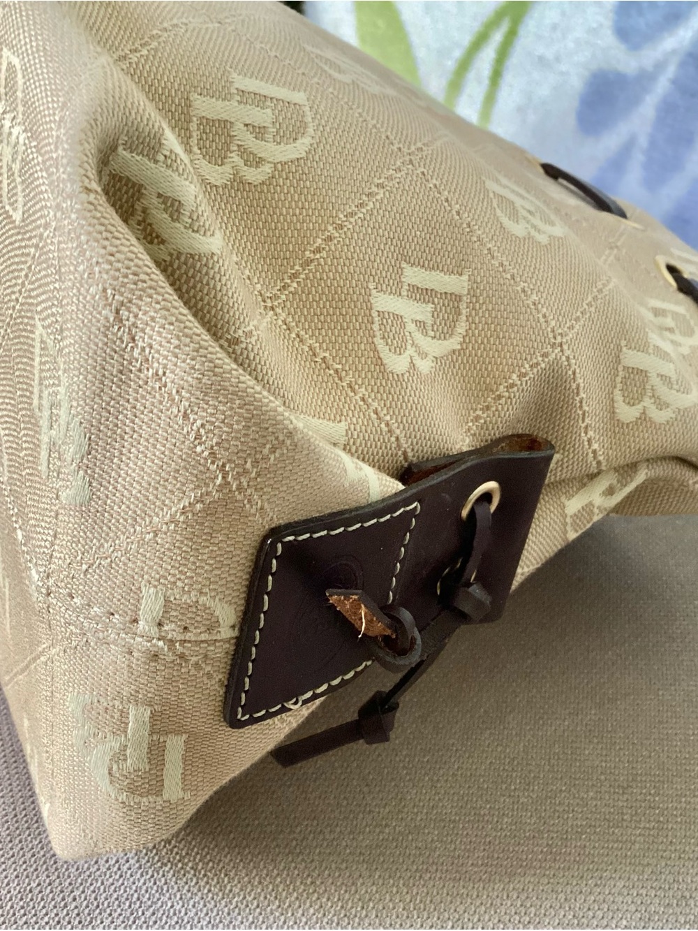 Dooney & Bourke Beige Logo Satchel with Dark Brown Trim - Picture 5 of 13